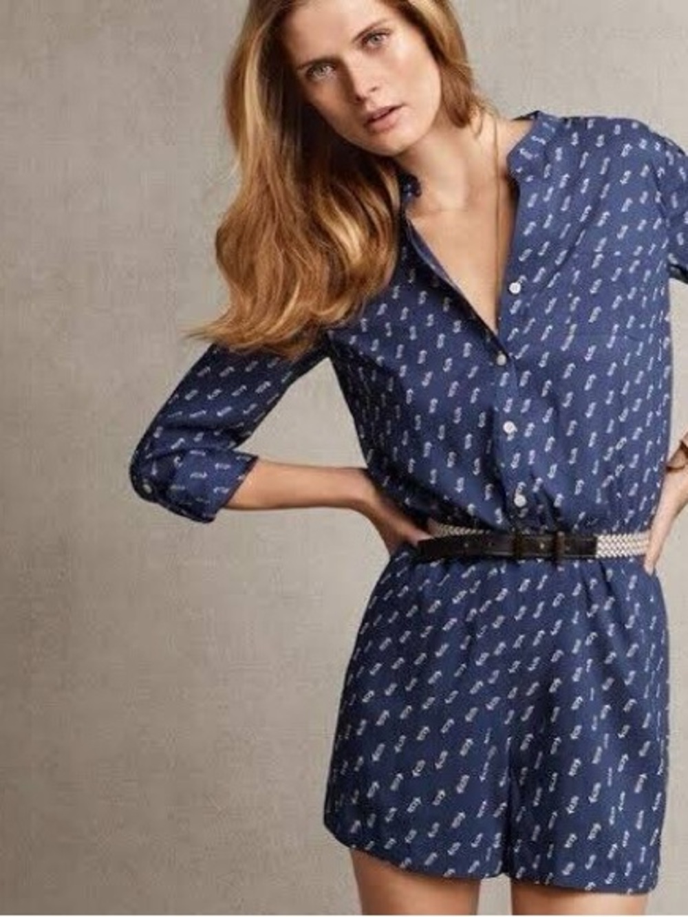 Ann Taylor Navy Printed Button-Front Romper